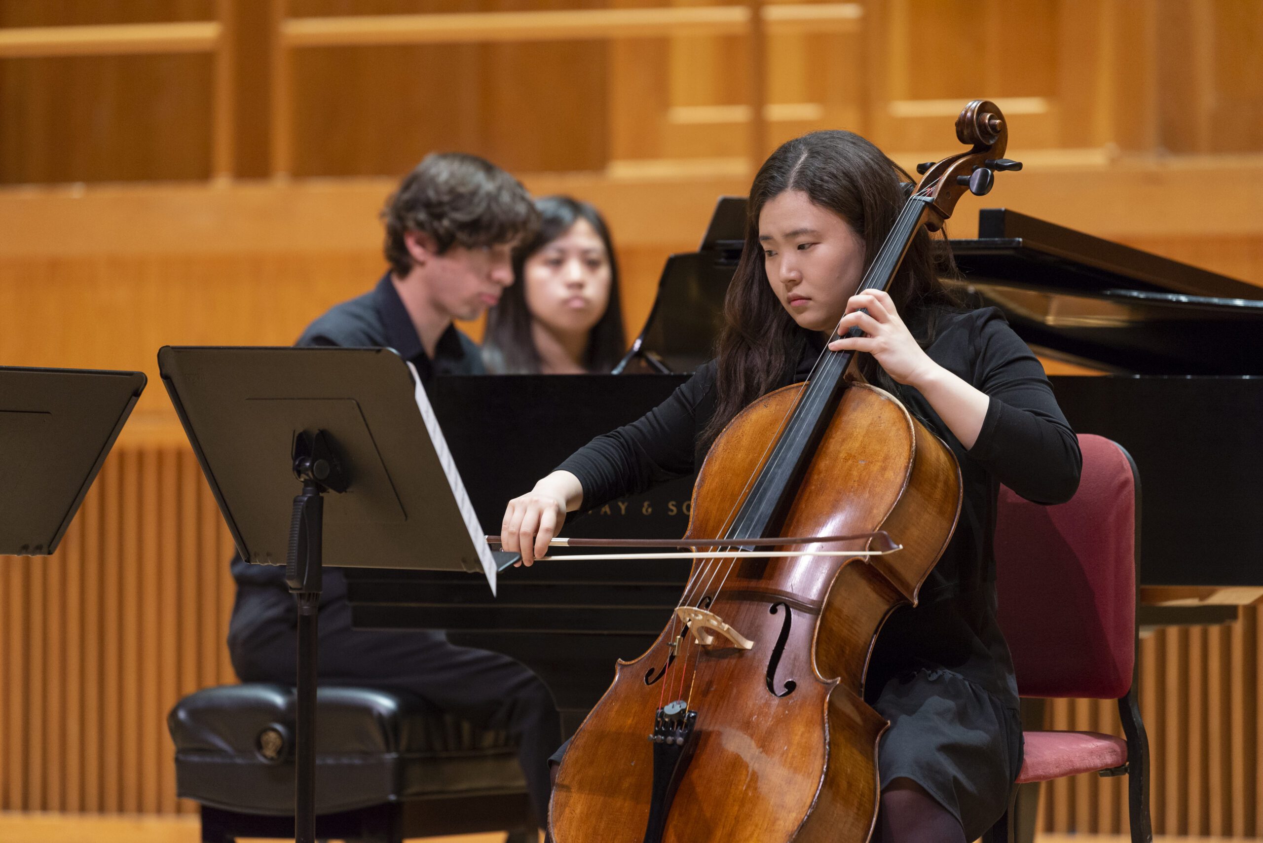 Chamber Music Concert Cropped side view shot of female musician playing violin with chamber quartet on stage, focus on string instrument and bow